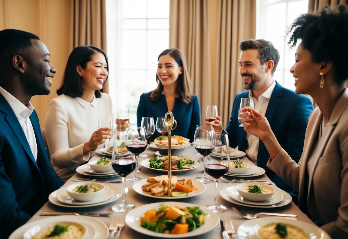 A table set with elegant dinnerware and a variety of food and drink options. A group of people chatting and laughing in a warm and inviting atmosphere