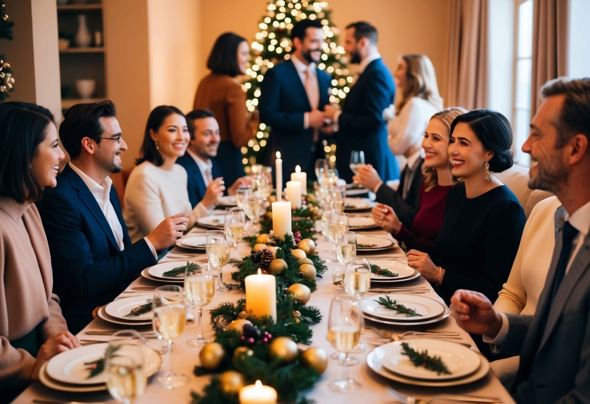 A festive dining table set with elegant place settings, surrounded by happy guests mingling and chatting in a cozy, warmly lit space