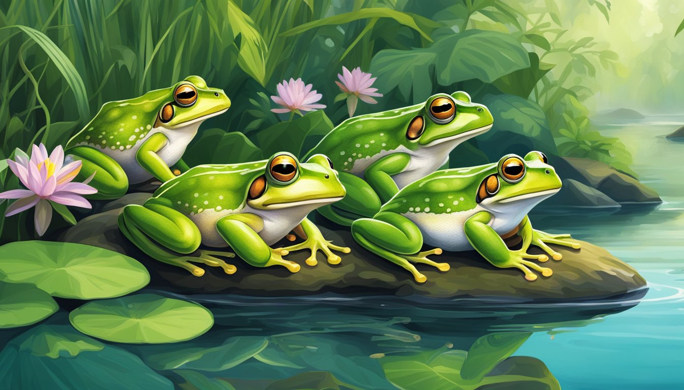 Frogs in a natural habitat surrounded by clean water and vibrant green vegetation, showcasing a healthy and safe environment