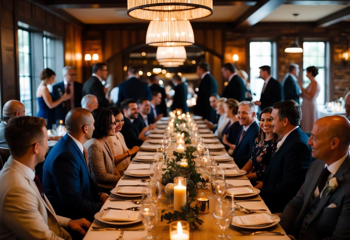 A cozy, candle-lit restaurant with a long table set for a rehearsal dinner. Guests mingle and chat, creating a warm and inviting atmosphere