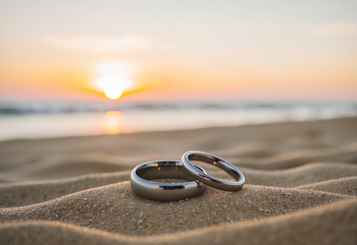 A wedding ring lying abandoned on a sandy beach at sunset