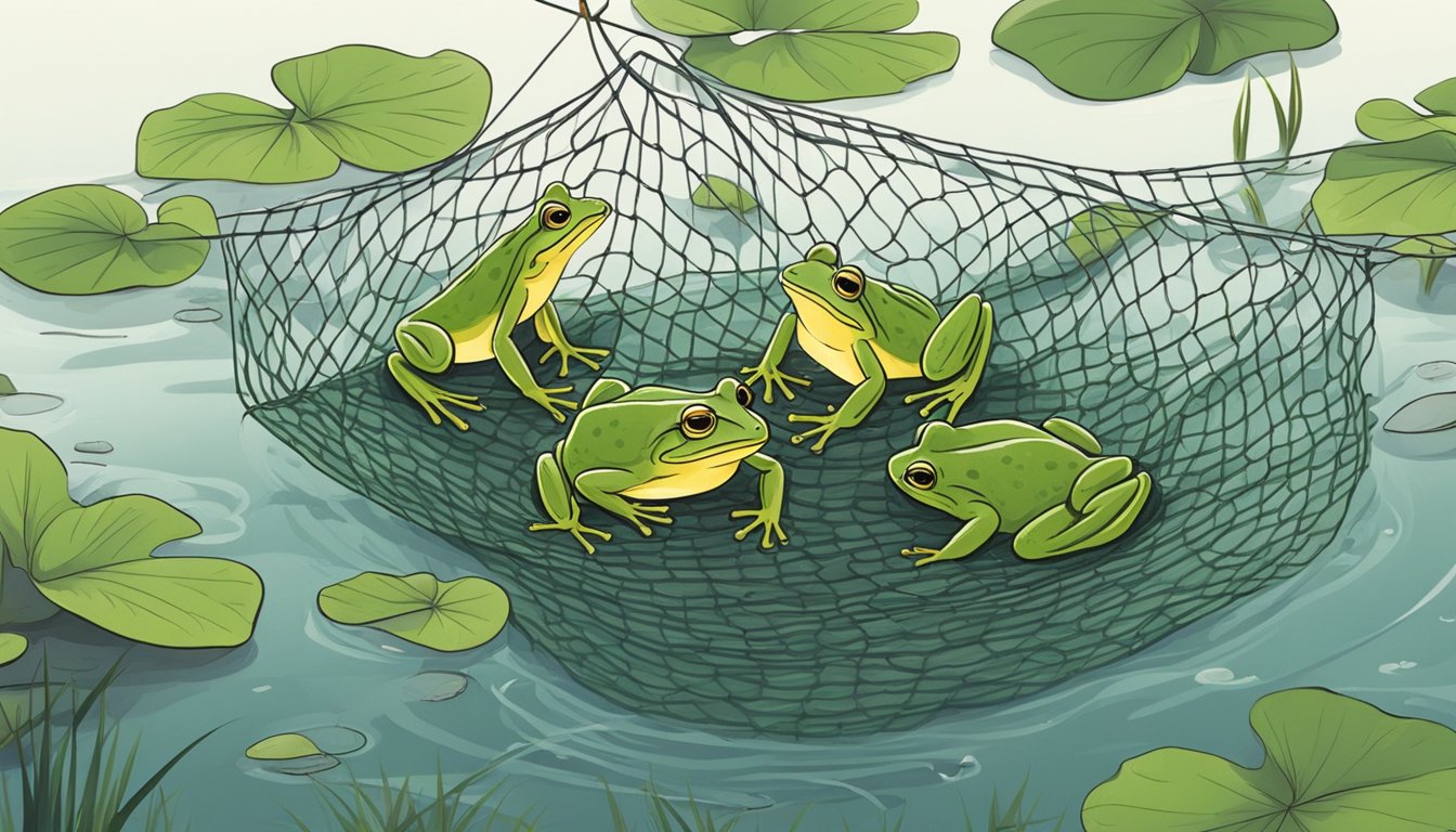 Frogs being caught in a net by a person in a swamp