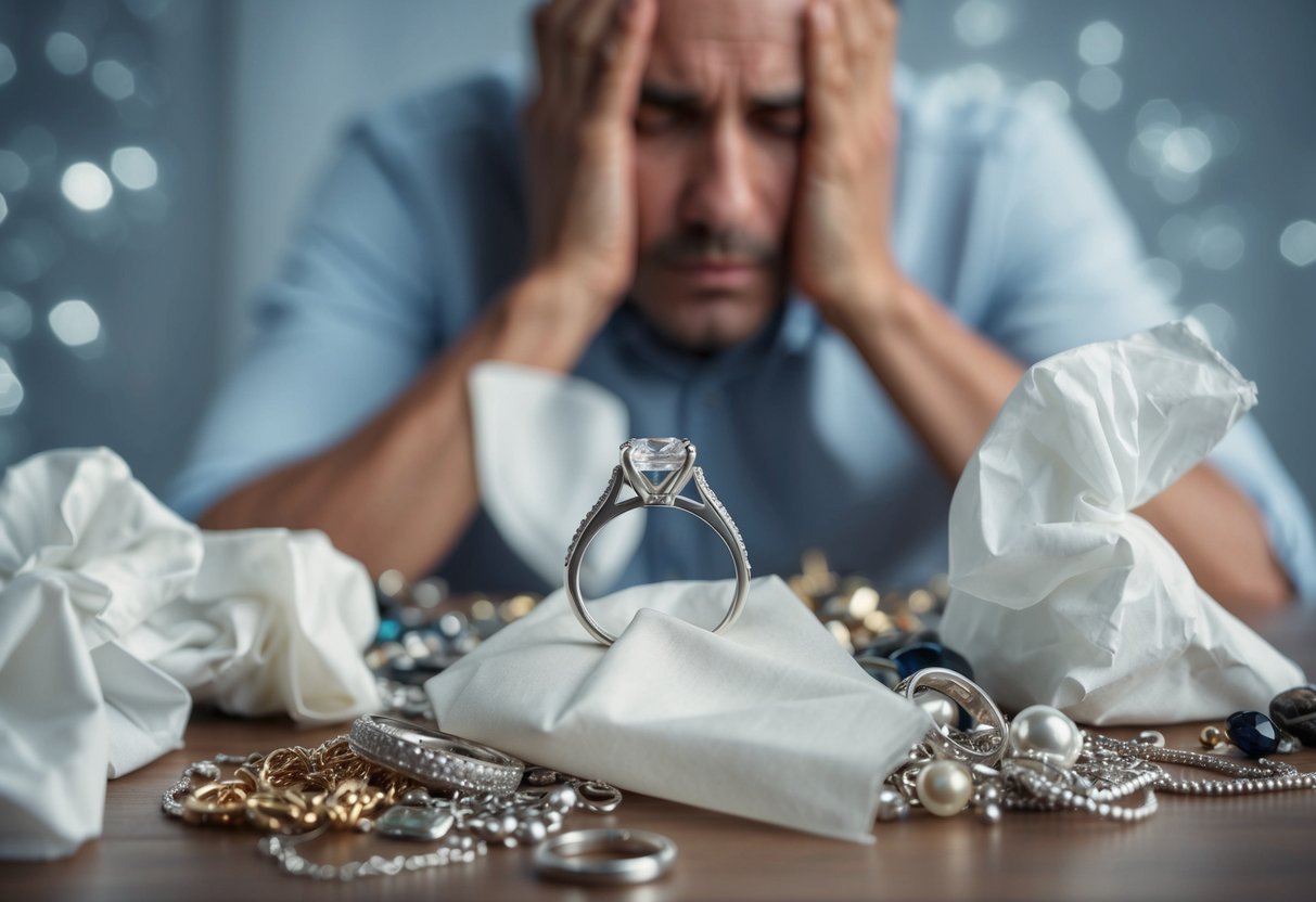 A wedding ring discarded in a pile of scattered jewelry, surrounded by crumpled tissues and a look of frustration on a faceless figure