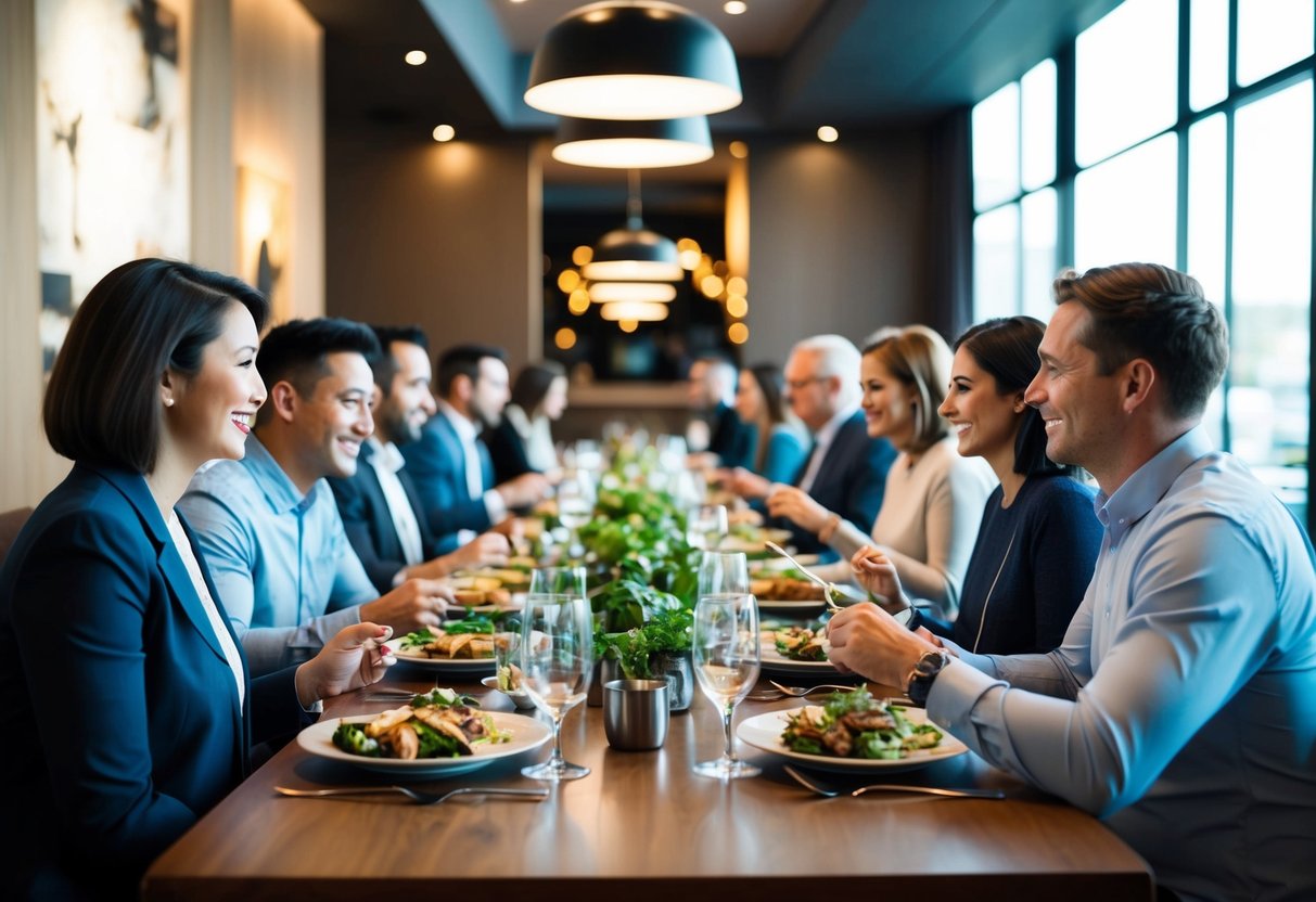 A group of people seated at a long table in a restaurant, engaged in conversation and enjoying a meal together
