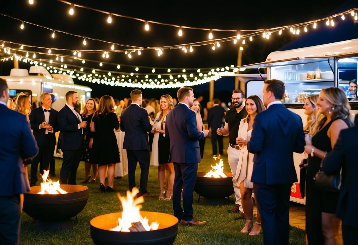 Guests mingling at a festive outdoor venue, with string lights and a live band. A food truck serves late-night snacks while people gather around fire pits