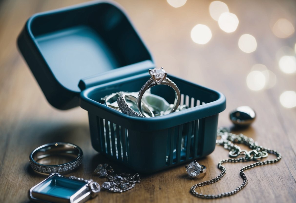 A wedding ring tossed into a wastebasket, surrounded by discarded jewelry and a frustrated expression