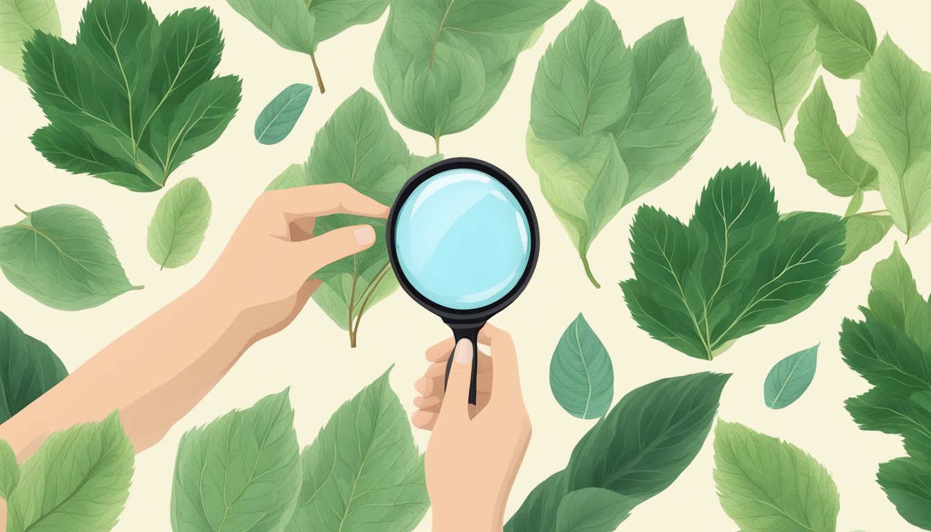 A hand holding a bunch of perilla leaves, with a magnifying glass showing the nutritional composition of the leaves