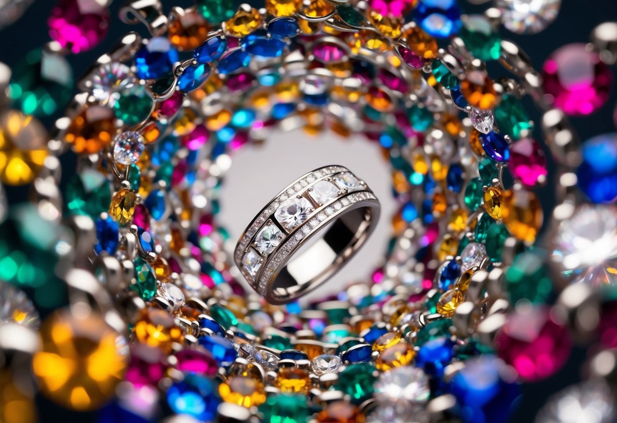 A wedding ring tossed into a swirling vortex of colorful gemstones and metallic bands, representing the overwhelming array of options and choices available