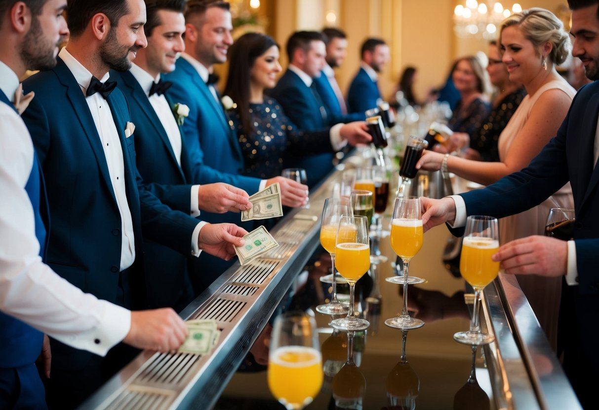 Guests line up at a bar, exchanging money for drinks. Bartenders pour and serve beverages in a festive, elegant setting