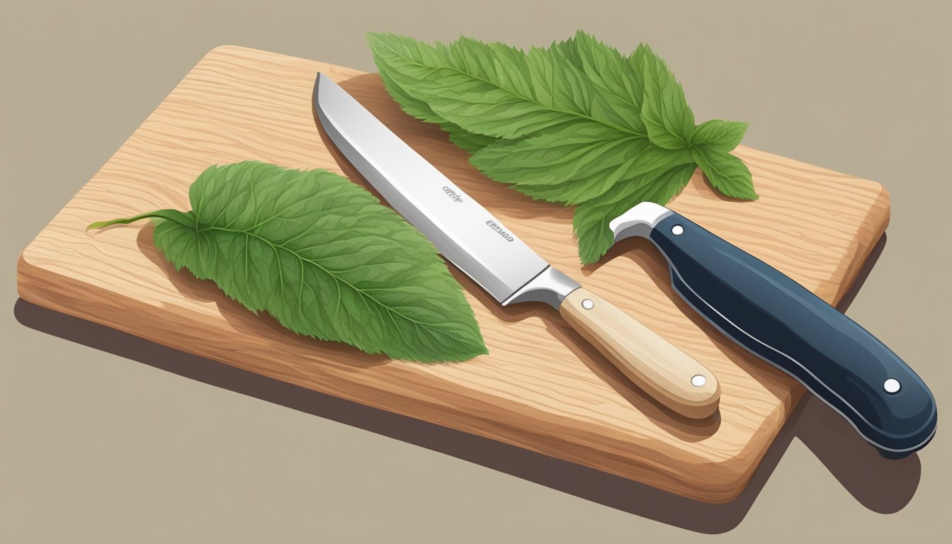 Fresh perilla leaves on a clean cutting board with a chef's knife