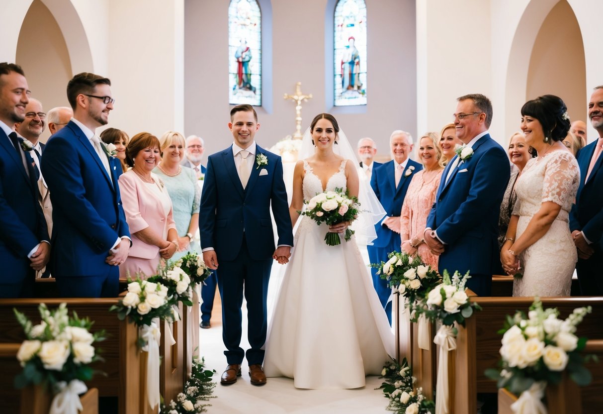 A bride and groom standing at the altar, surrounded by happy wedding guests. The groom's absence is noticeable
