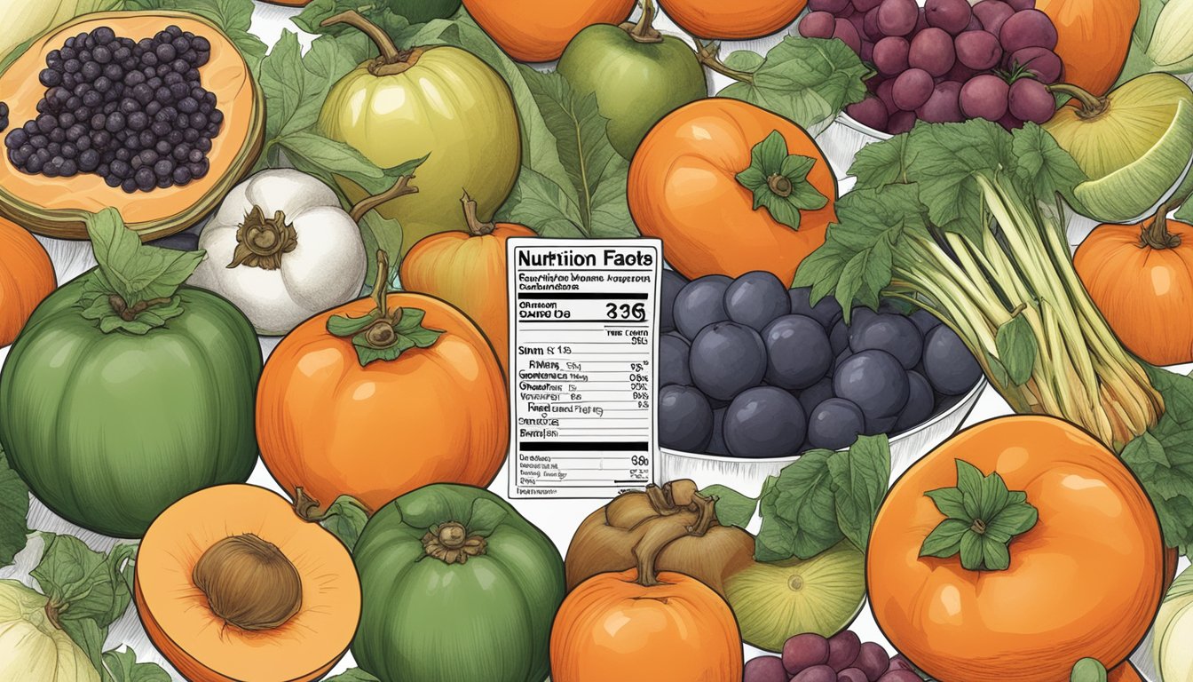 A persimmon surrounded by a variety of fruits and vegetables, with a nutrition label next to it