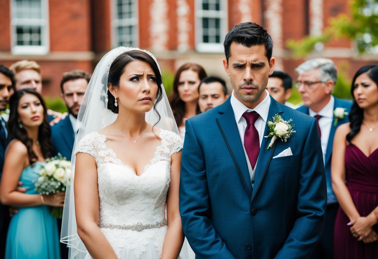 A bride and groom standing together, surrounded by friends and family, with the bride looking uncertain and the groom looking disappointed