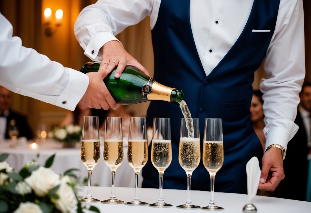 A waiter pouring champagne into crystal glasses at a wedding reception