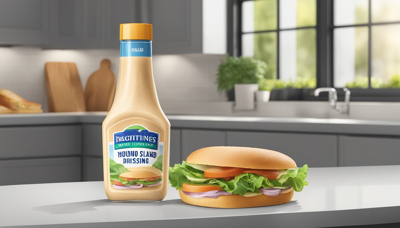 A bottle of expired thousand island dressing with a faded label, sitting next to a salad and a sandwich on a kitchen counter