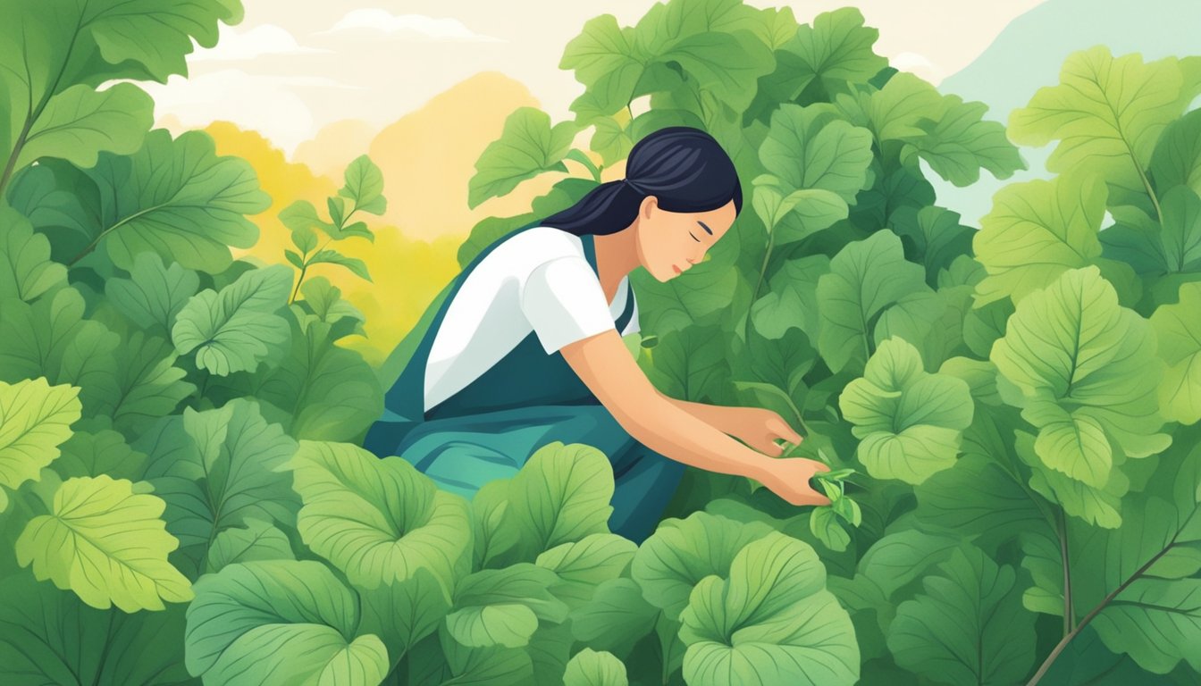 A person picking fresh perilla leaves from a vibrant green plant in a peaceful garden setting