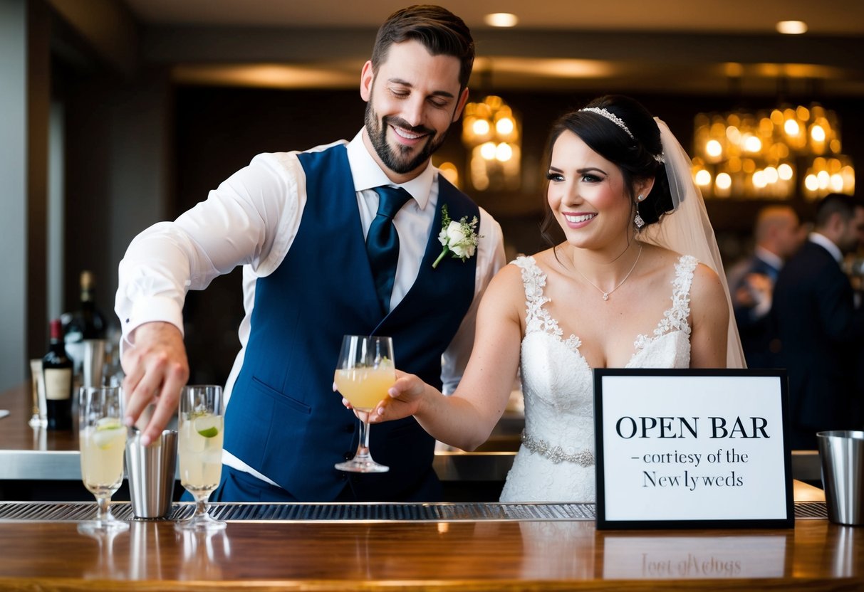 A bride and groom stand at a bar, smiling as they reach for their drinks. A sign reads "Open Bar - Courtesy of the Newlyweds."