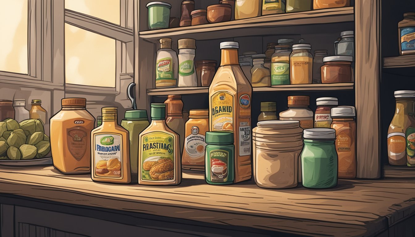 A bottle of expired thousand island dressing sits on a dusty shelf in a dimly lit pantry, surrounded by other forgotten condiments