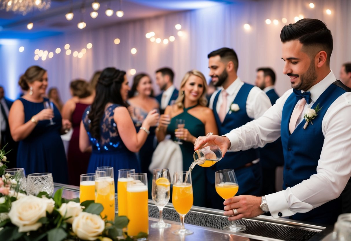 A bartender pouring drinks at a wedding reception, with guests mingling and celebrating in the background