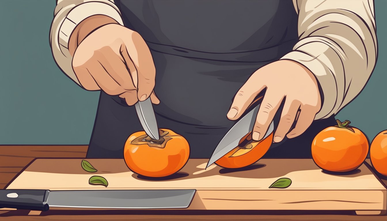 A person slicing a ripe persimmon with a knife on a wooden cutting board