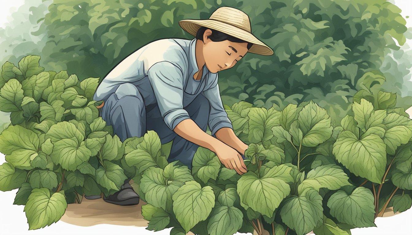 A person picking and inspecting perilla leaves in a garden