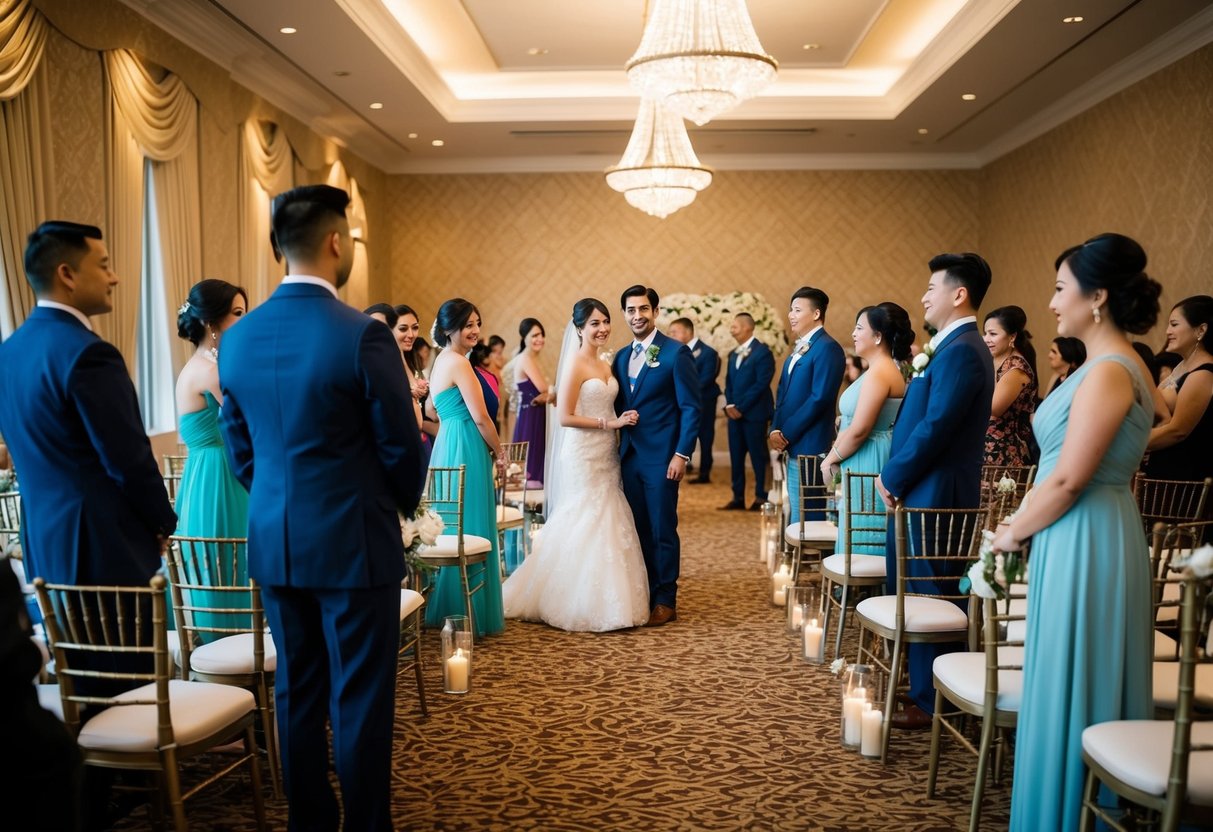 A group gathers in a decorated venue, practicing their roles for an upcoming wedding ceremony