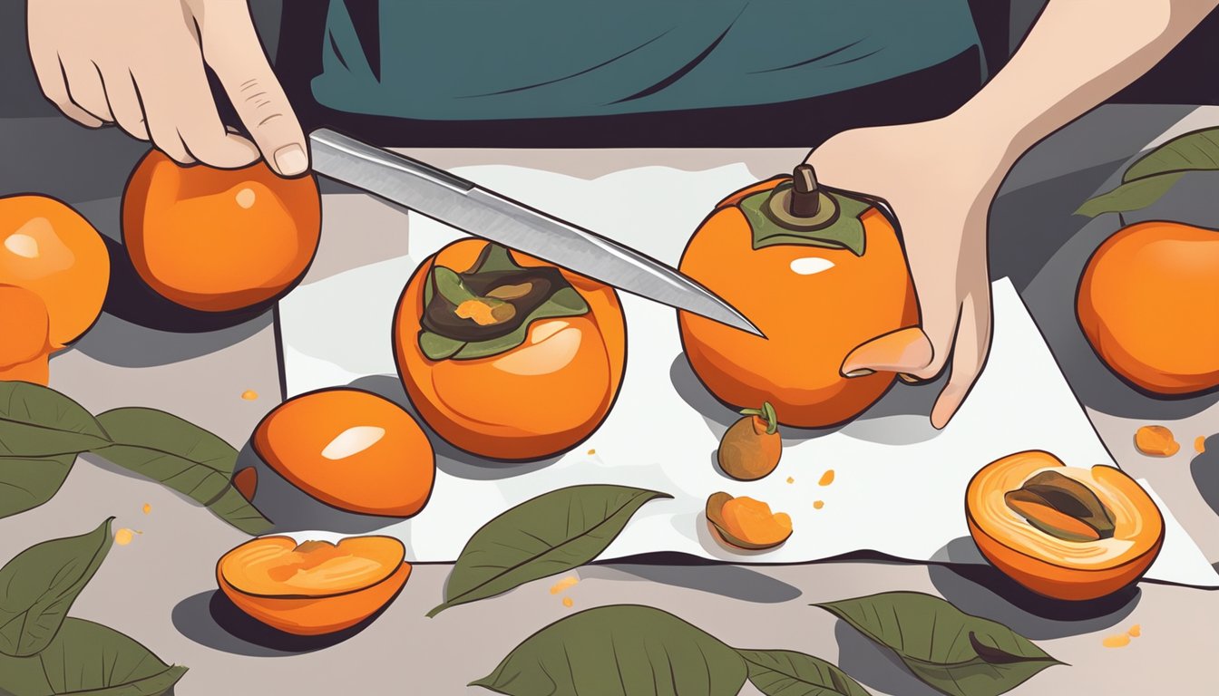 A person cutting open a ripe persimmon with a knife, showing the vibrant orange flesh inside. A bowl of washed persimmons sits nearby