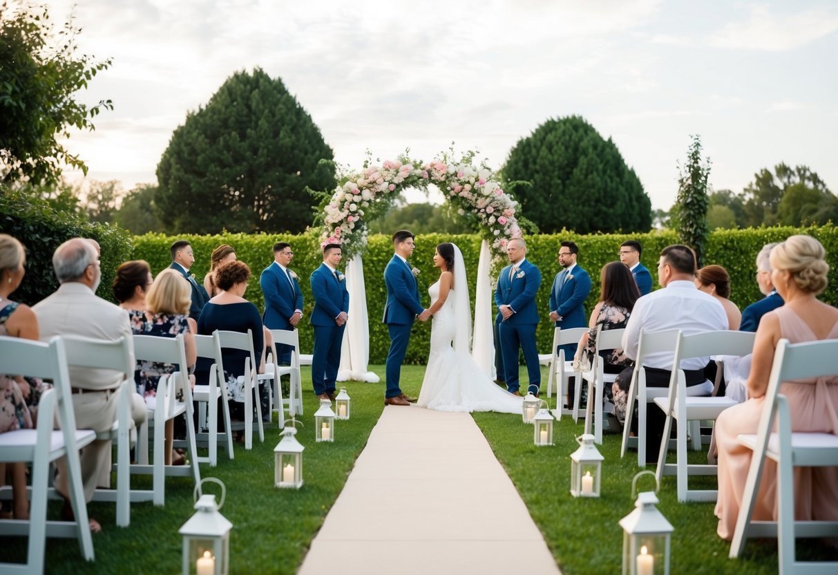A wedding rehearsal: a serene garden with a flower-covered arch, an aisle lined with lanterns, and a small group of people practicing their roles