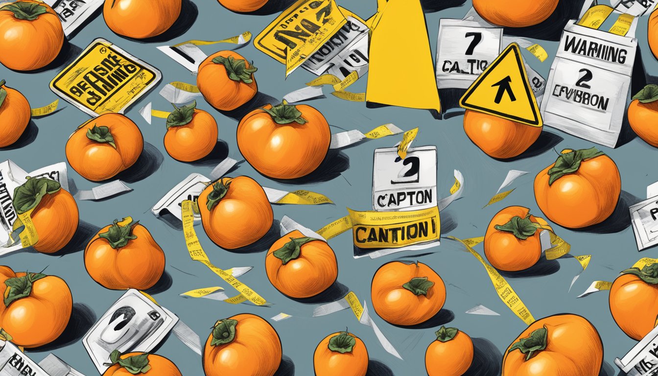 A pile of persimmons surrounded by warning signs and caution tape