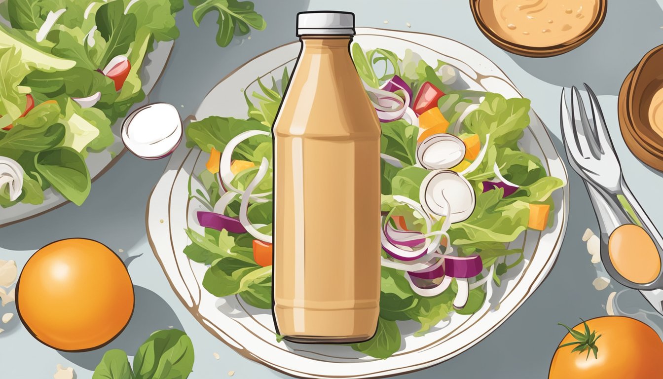 An open bottle of expired Thousand Island dressing next to a salad