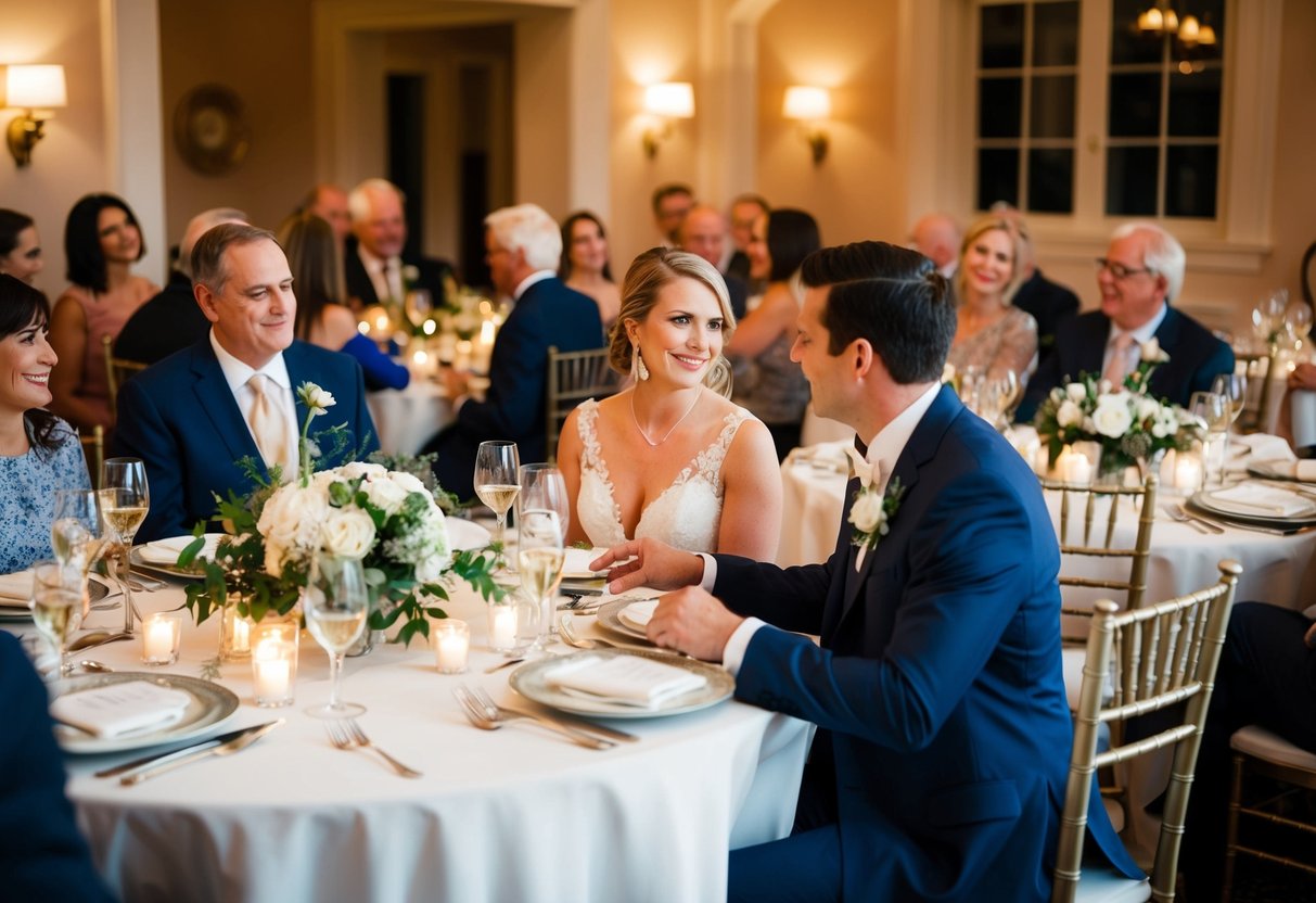 A couple sits at a table, surrounded by family and friends, discussing plans for their rehearsal dinner. Tables are set with elegant place settings and a warm, inviting atmosphere fills the room