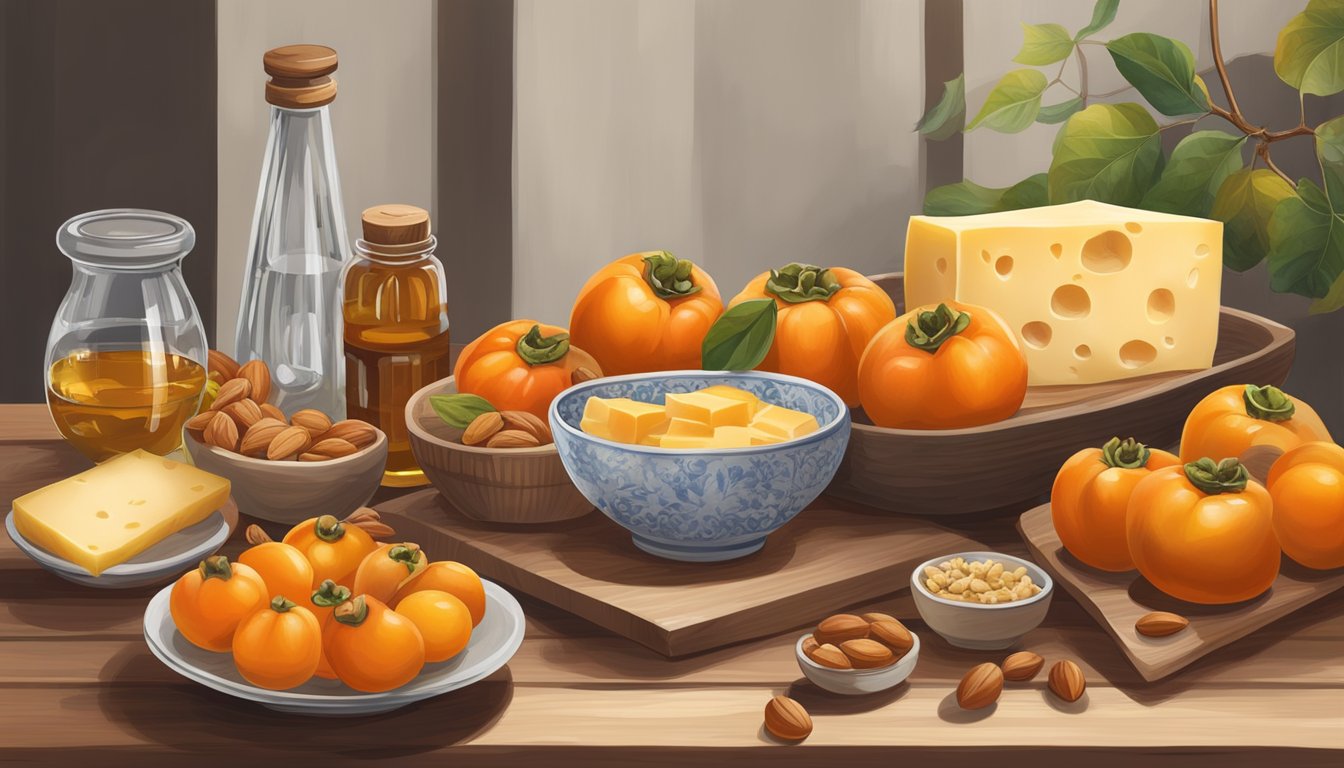 A bowl of ripe persimmons next to a spread of complementary foods like cheese, nuts, and honey, on a wooden table