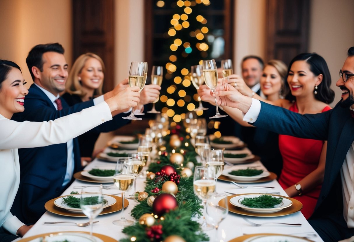 A festive table set with elegant dinnerware, surrounded by joyful guests raising their glasses in celebration