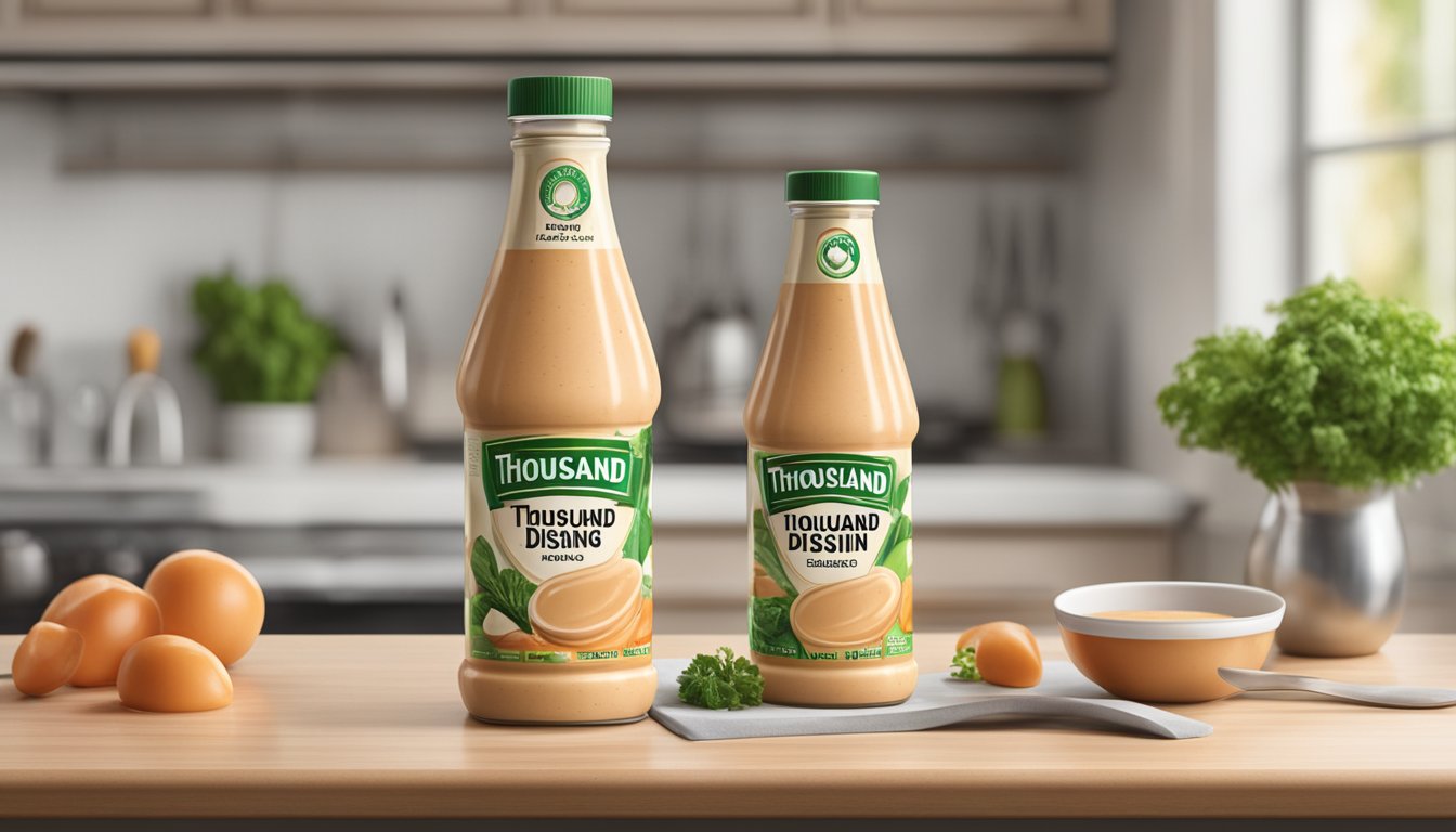 A bottle of Thousand Island dressing sits on a kitchen counter, with a visible expiration date