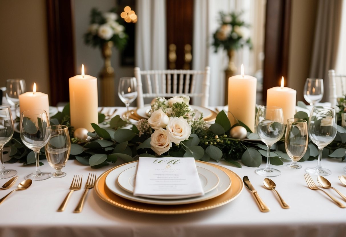 A table set for a rehearsal dinner with place settings, candles, and elegant decor