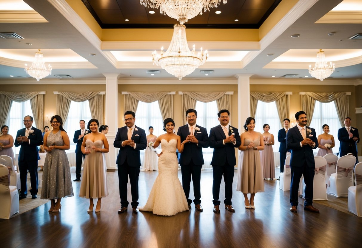 A group of people stand in a decorated wedding venue, practicing their roles and movements for the upcoming ceremony