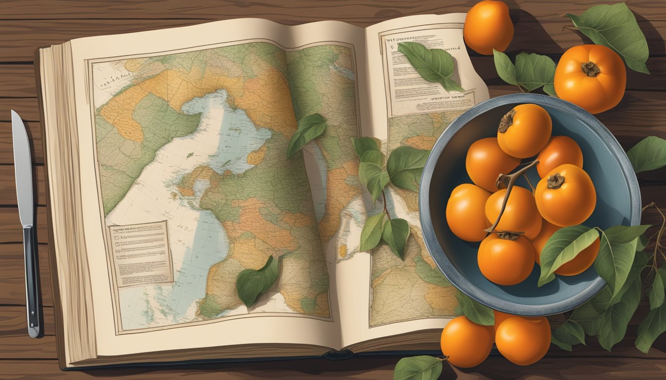 A rustic kitchen table with a bowl of ripe persimmons, a vintage cookbook, and a map of historical culinary regions