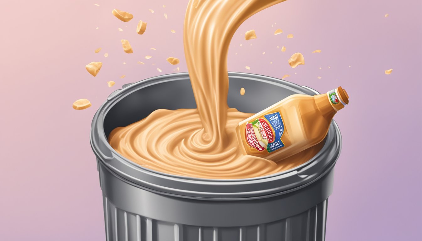 A bottle of expired Thousand Island dressing being thrown into a trash can