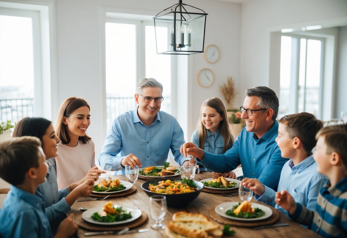 A family gathering around a table with a meal, one person appearing to be the host or organizer, while others are engaged in conversation and laughter