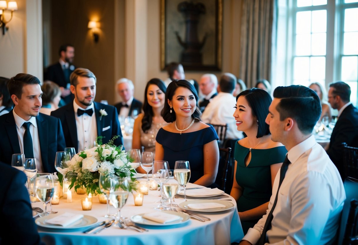 A group of people at a formal dinner setting, some with partners and others without, discussing the inclusion of plus ones at a rehearsal dinner