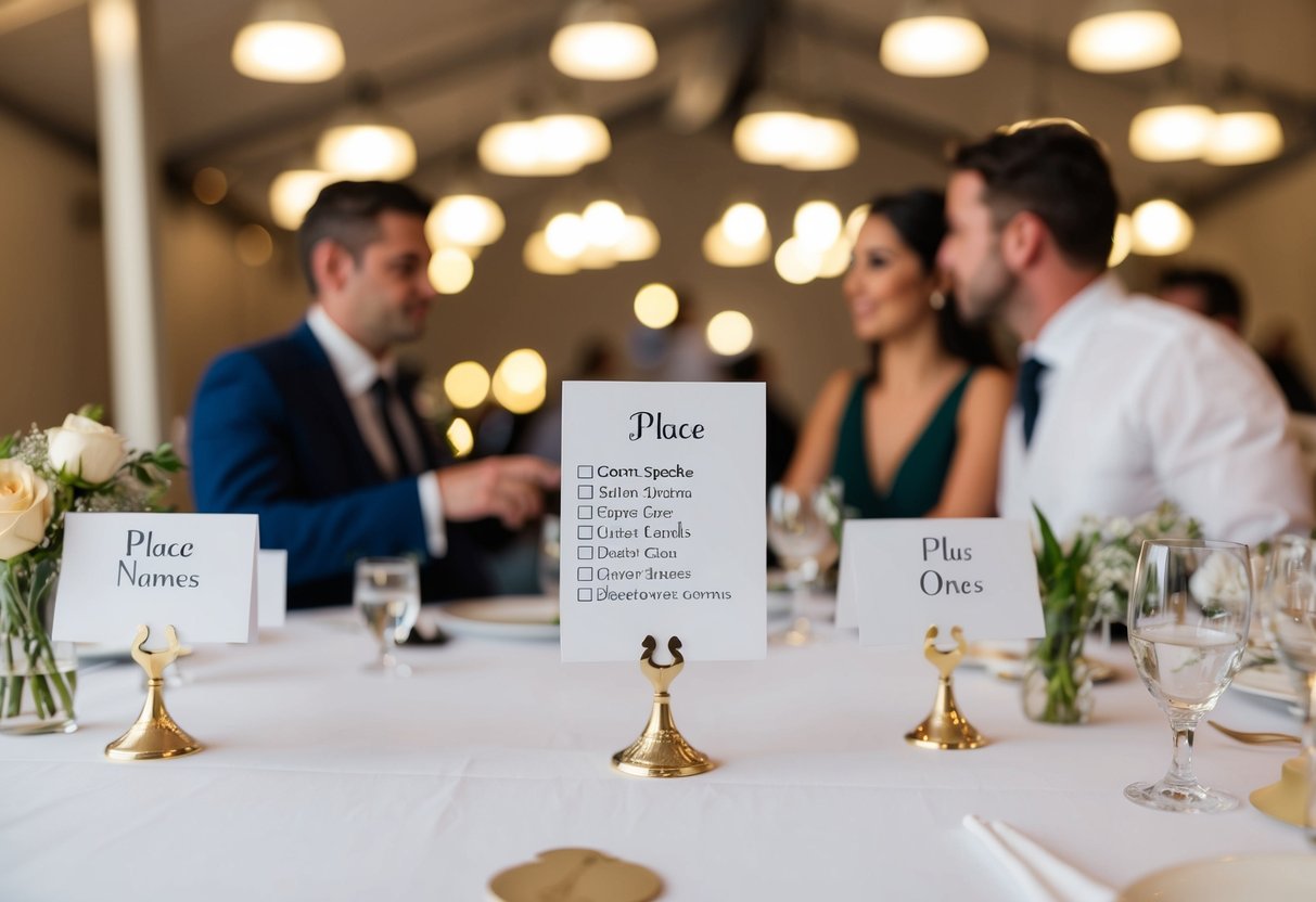 A table with place cards indicating guest names and a separate list for plus ones, with a couple discussing the seating arrangements