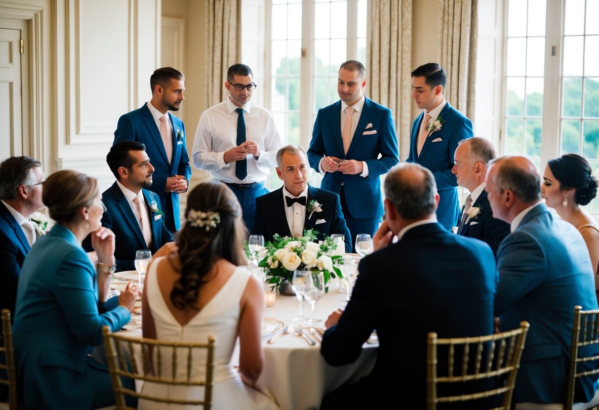 A group of people gathered around a table, discussing and planning for a rehearsal dinner. A sense of etiquette and tradition is evident in the conversation
