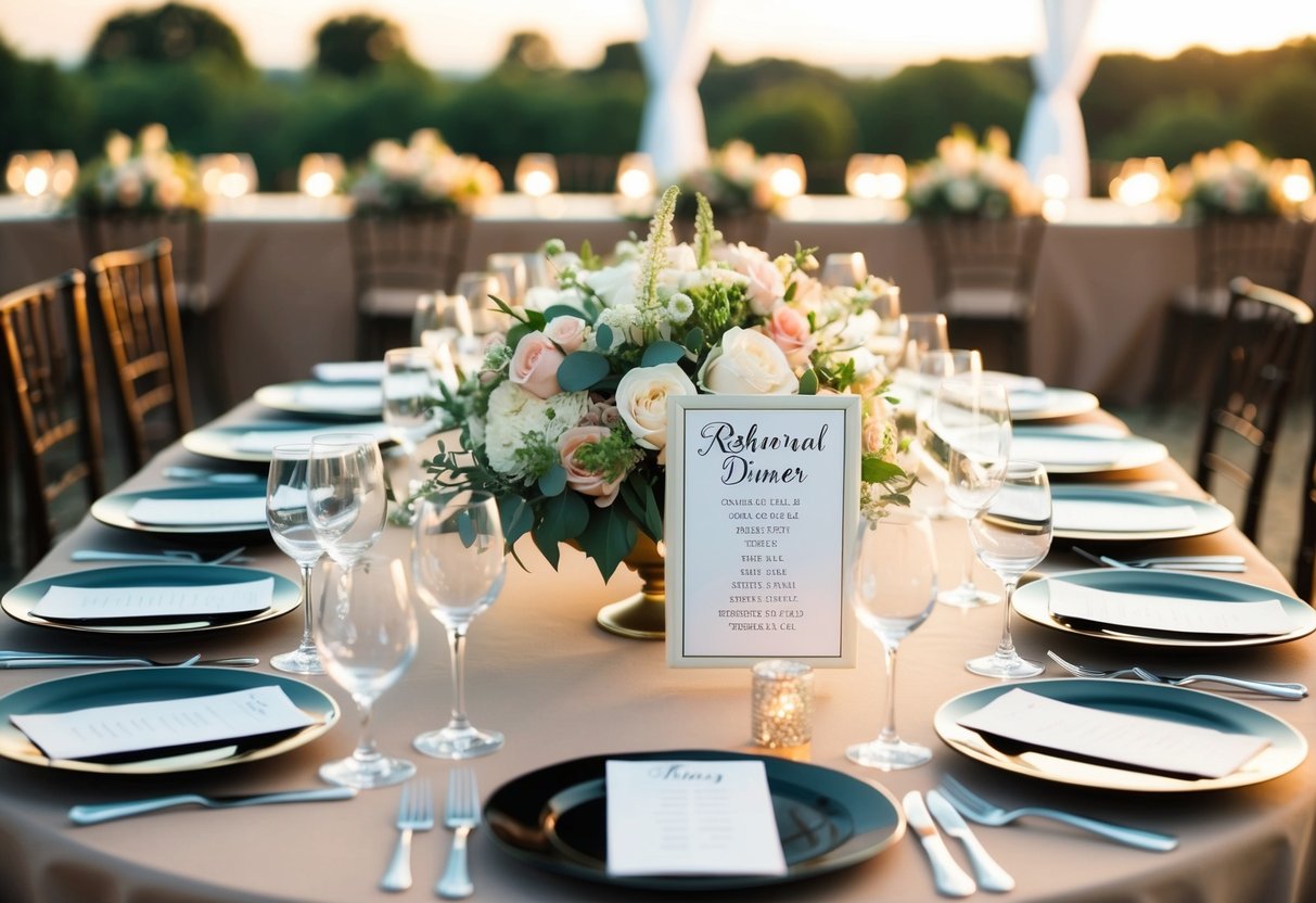 A table set for a rehearsal dinner with place settings for couples and single guests. A seating chart and floral centerpieces are arranged on the table