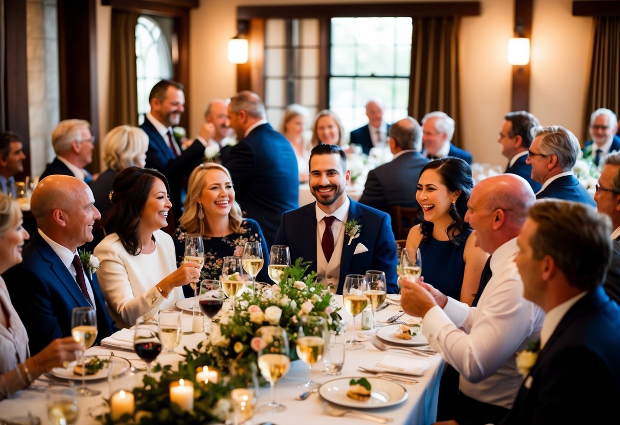 A couple and their families gather at a cozy restaurant for a rehearsal dinner, sharing laughter and toasts as they celebrate the upcoming wedding