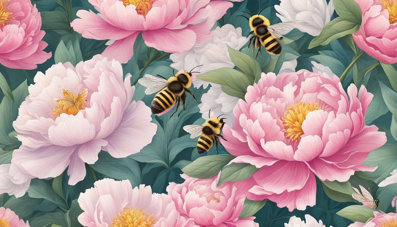 A lush garden with vibrant peony flowers, their delicate petals glistening in the sunlight. Bees and butterflies flit among the blooms, showcasing the safety and natural beauty of edible flowers