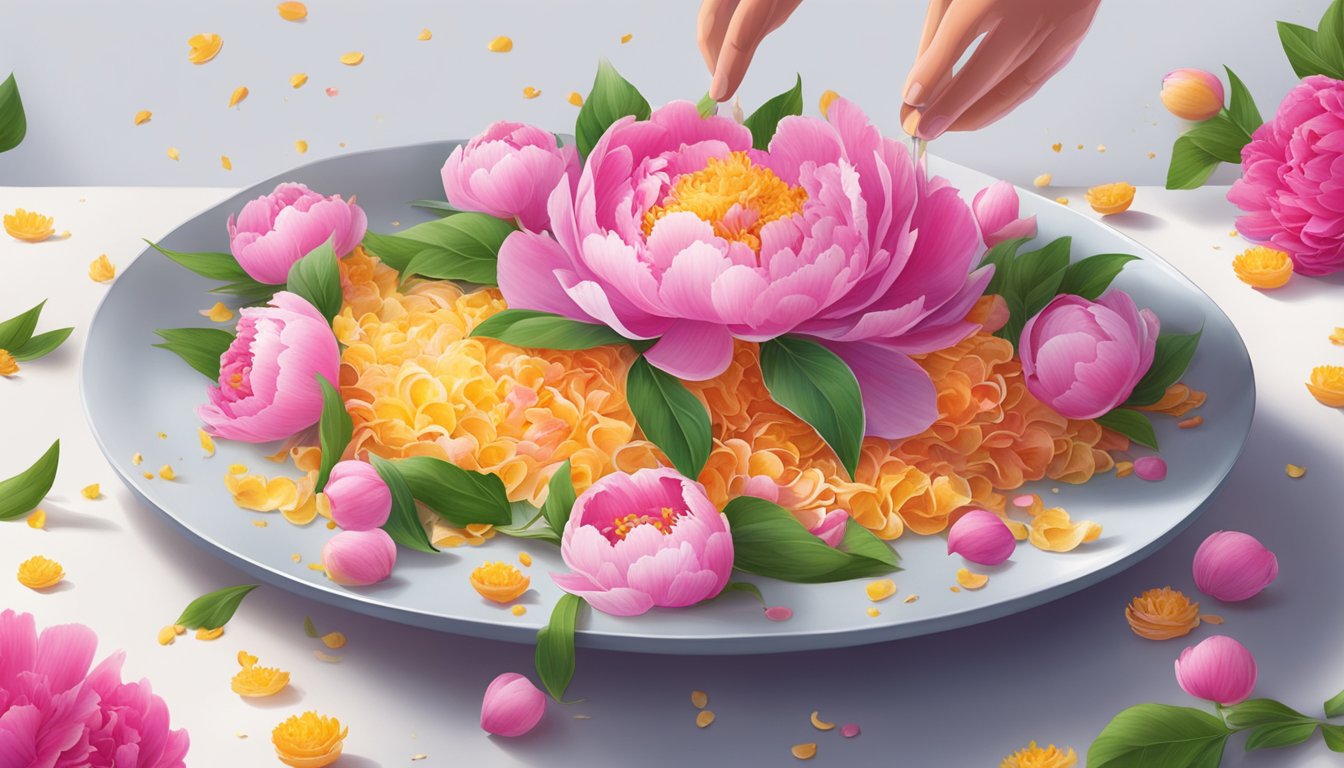 A chef delicately sprinkles vibrant peony petals onto a gourmet dish, adding a pop of color and hint of floral flavor