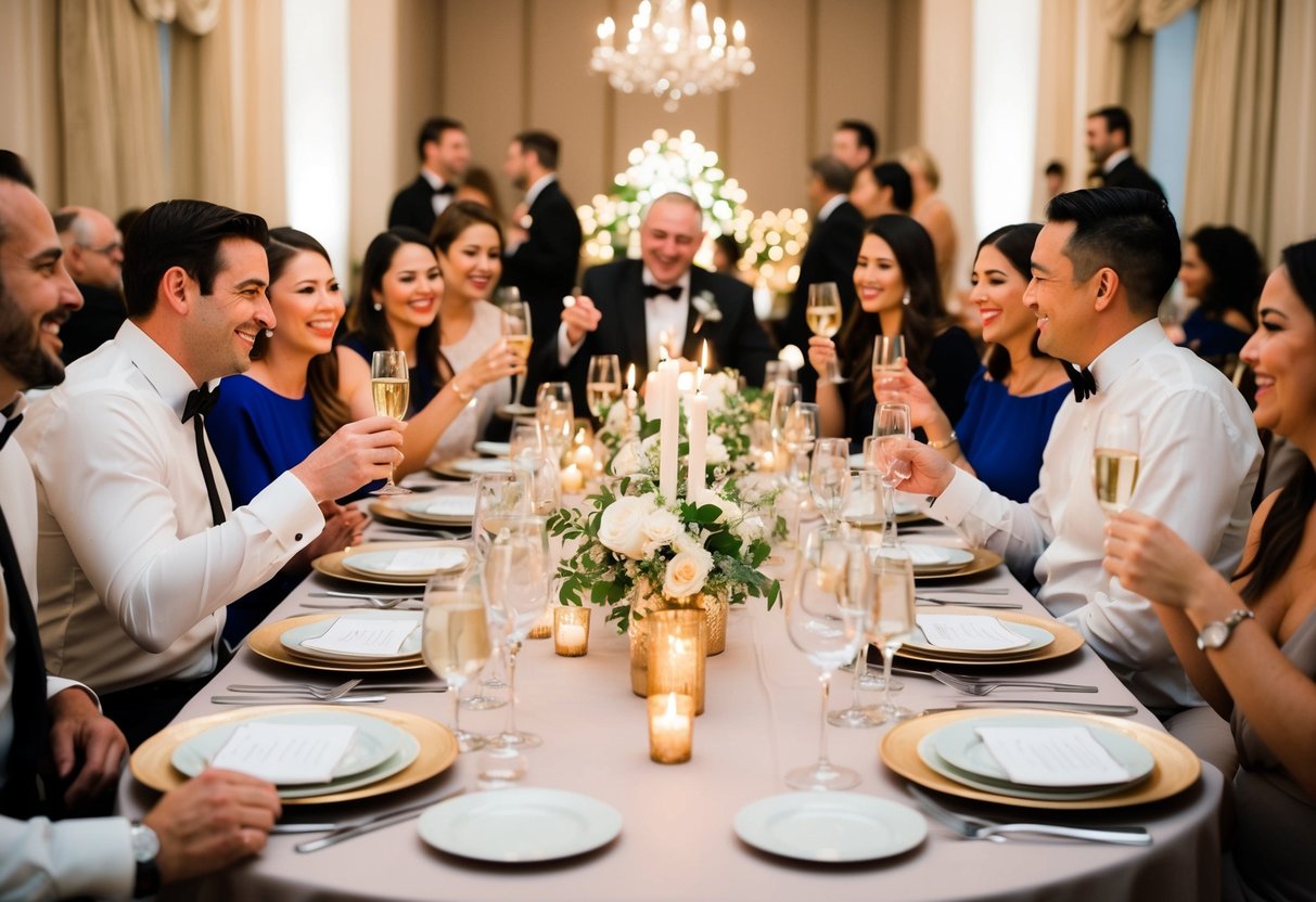 A table set with elegant place settings and candles, surrounded by happy guests chatting and toasting at a rehearsal dinner