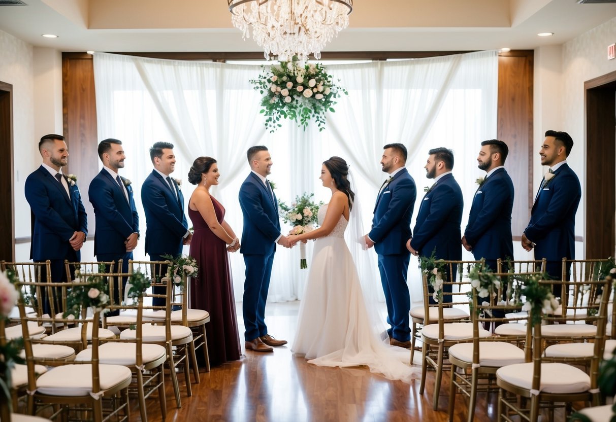 Wedding party stands in a decorated venue, practicing ceremony