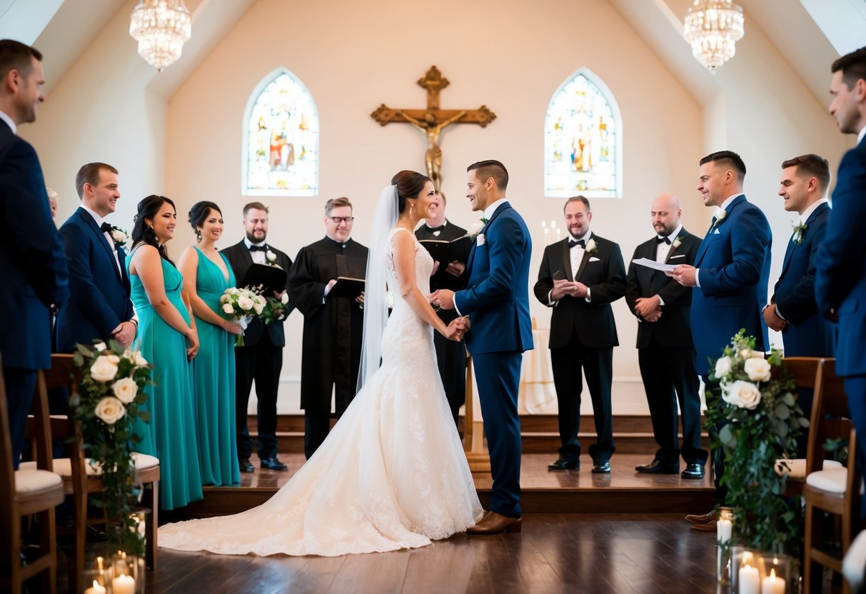 A bride and groom stand at the altar, surrounded by their wedding party and officiant, practicing their vows and movements for the ceremony