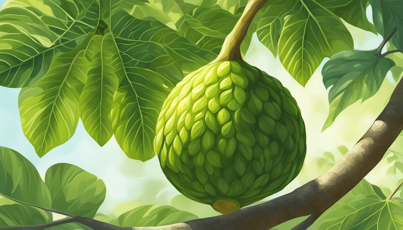 A whole unripe breadfruit hanging from a tree branch, surrounded by lush green leaves and dappled sunlight